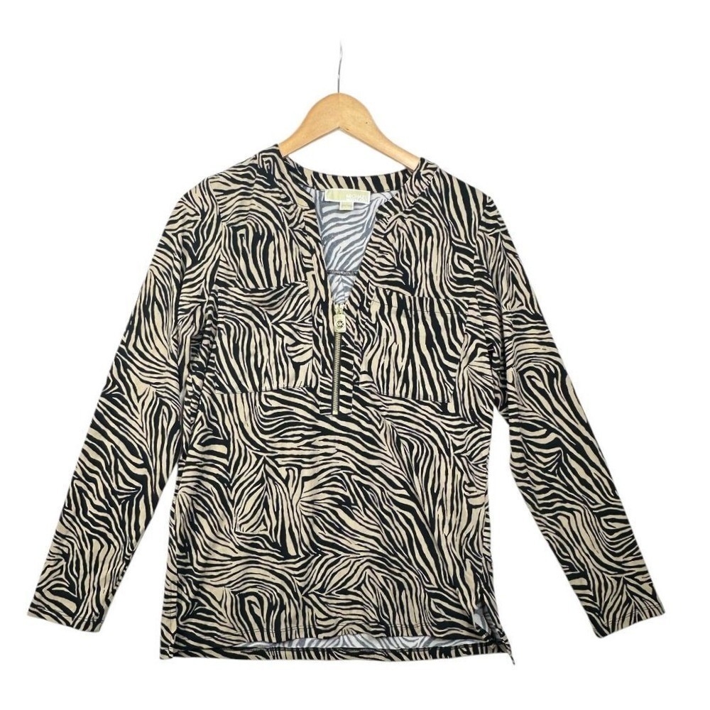 Michael Kors Animal Tiger Print Long Sleeve Blouse size Small Tan/Black